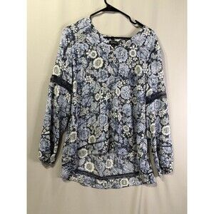 Jones New York Women's Blouse XL V-Neck Long Sleeve Geometric White Blue Flowers